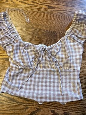 Womens brown Gingham Tie-Front Peasant Top